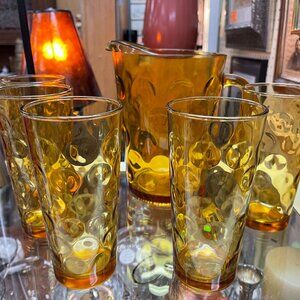 Mid Century Hazel-Atlas Continental Glass Comp. Eldorado Gold Pitcher & Tumblers